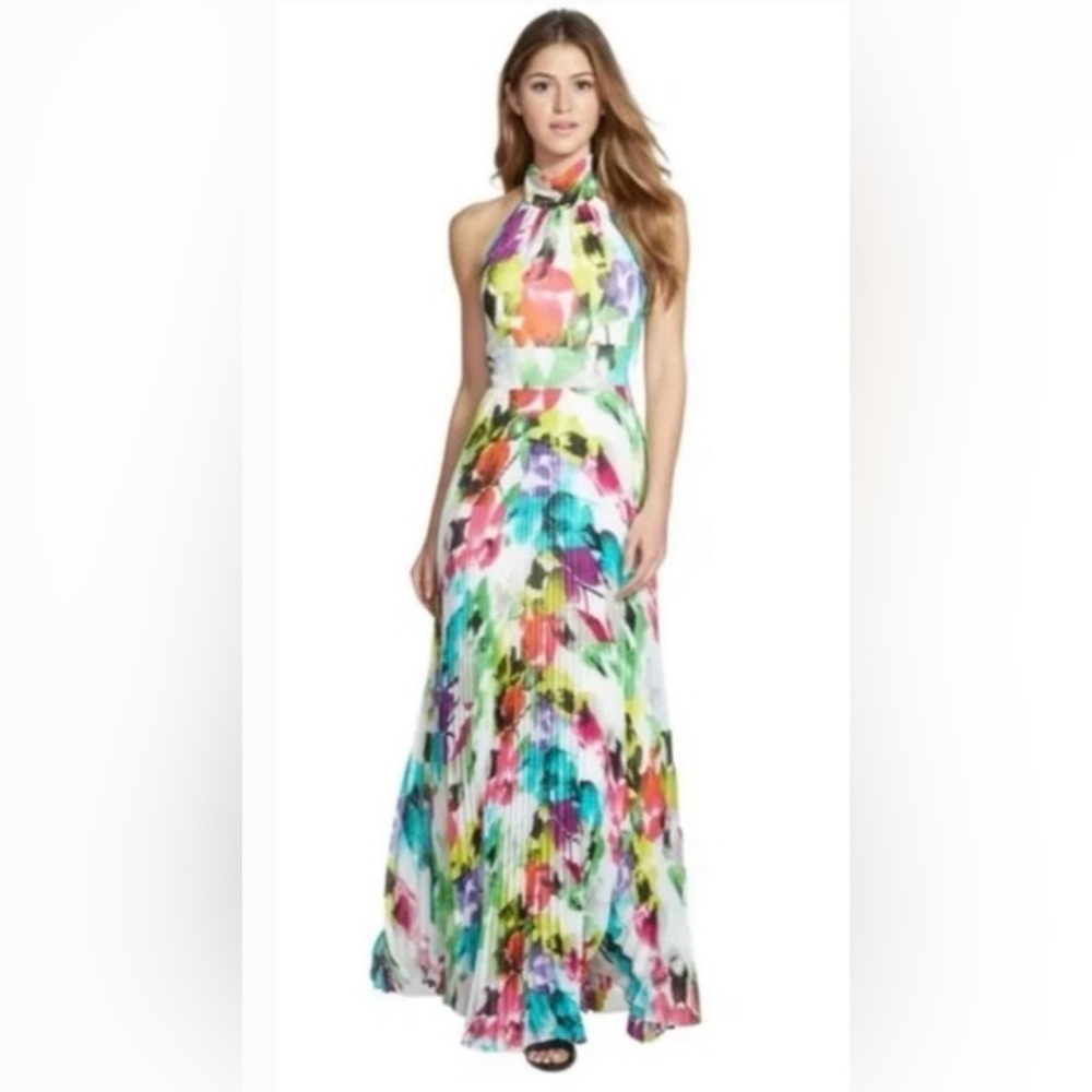 Eliza J White Multicolor Floral Halter Pleated Maxi Dress